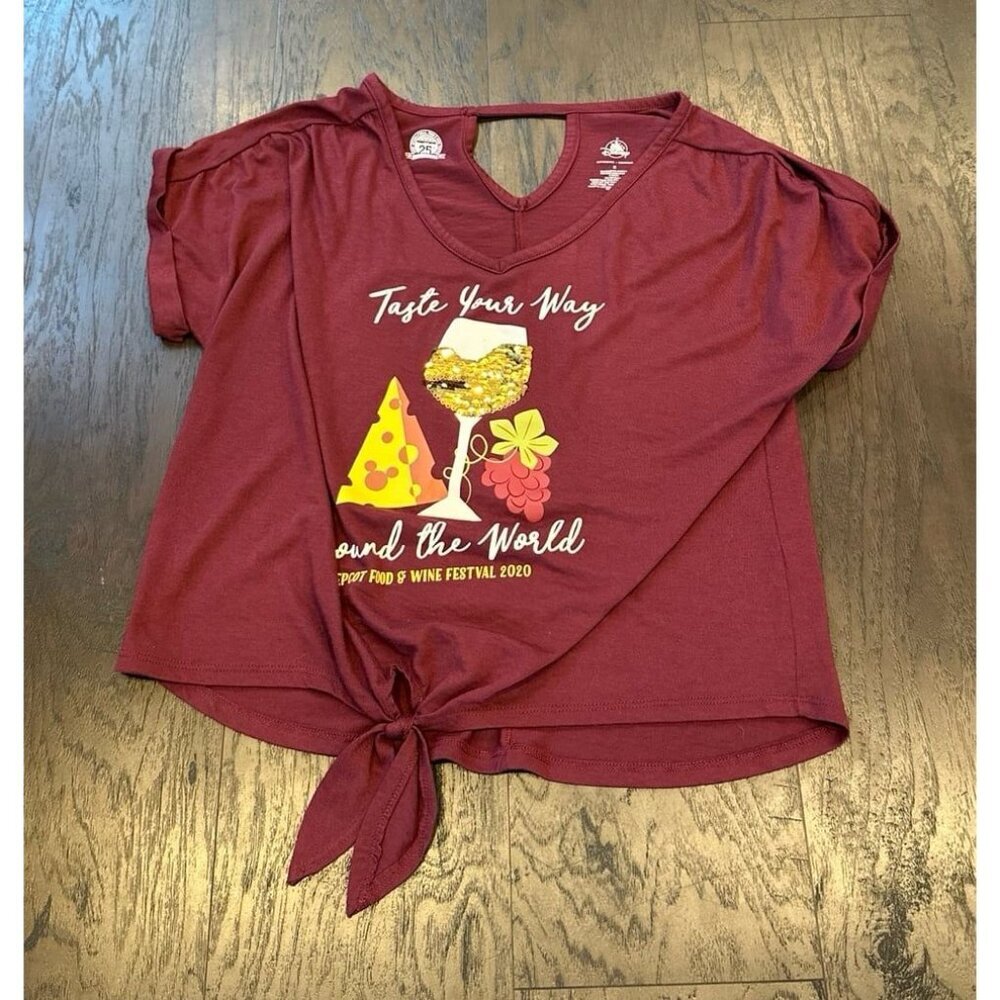 Disney Epcot Food & Wine Festival 2020 Women's Tie Front Sequin Shirt Maroon